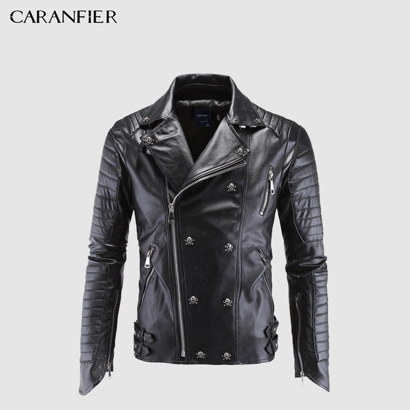 CARANFIER Leather Jacket Men Designer Skull Rivet Studded Punk Rock Black Biker Leather Motorcycle Jackets Men Plus Size M-5XL