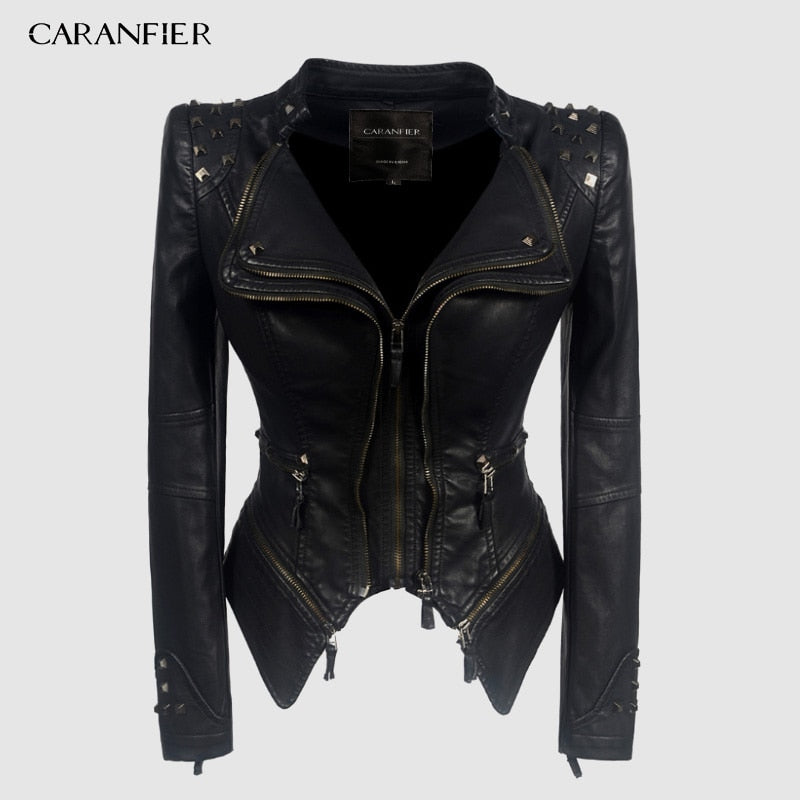 CARANFIER Jacket Women Faux Leather PU Jacket Winter Autumn Black Motorcycle Jacket Outerwear  Gothic Faux leather Coat Chaqueta