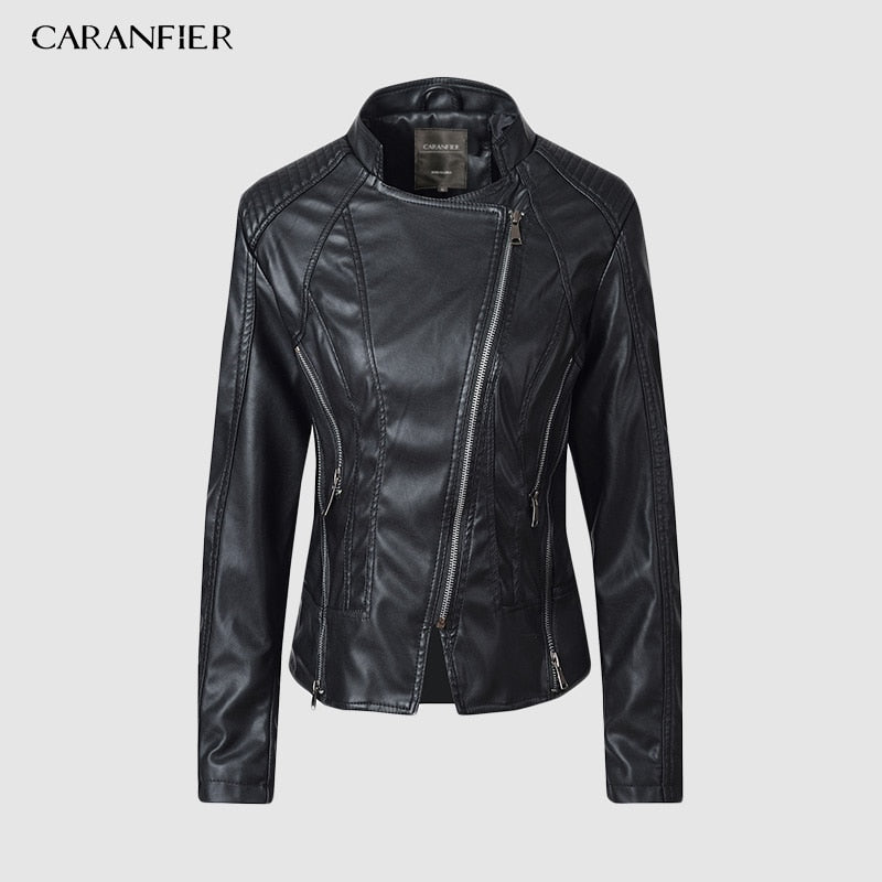 CARANFIER New Fashion Women Smooth Motorcycle Faux Leather Jackets Ladies Long Sleeve Autumn Winter Biker Streetwear Black Coat