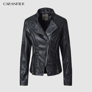 CARANFIER New Fashion Women Smooth Motorcycle Faux Leather Jackets Ladies Long Sleeve Autumn Winter Biker Streetwear Black Coat