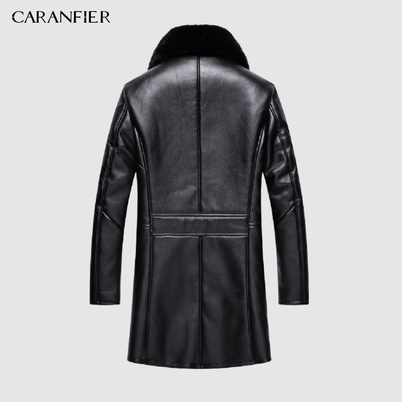 CARANFIER Faux Leather Jacket Mens Winter Velvet Thick Jacket Male Middle-aged Leather Fur Collar Detachable Men Clothing 4xL