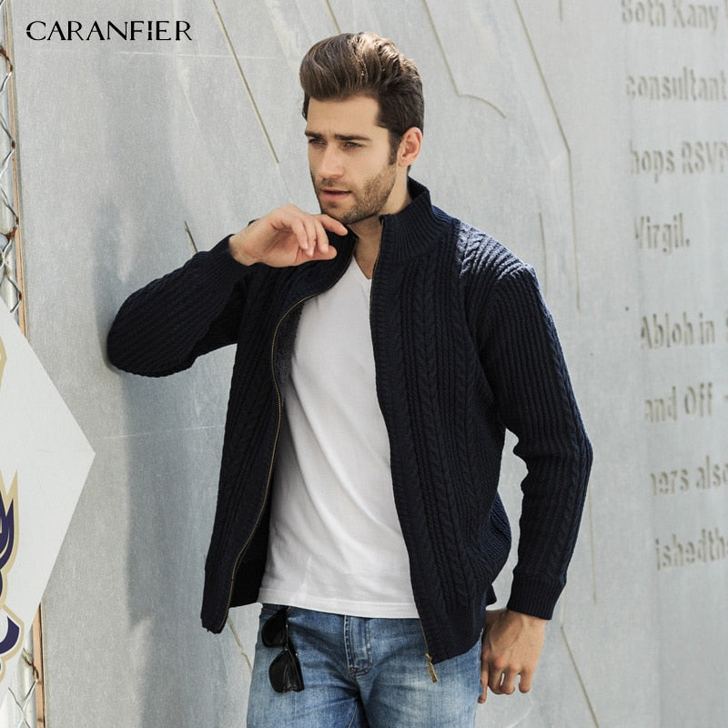 CARANFIER Velvet Zipper Brand Sweaters Men Knitted Cardigan Slim Fit Clothes Solid Ribbed Bottom Sweater Knitwear Coats 3XL