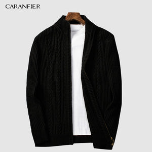 CARANFIER Velvet Zipper Brand Sweaters Men Knitted Cardigan Slim Fit Clothes Solid Ribbed Bottom Sweater Knitwear Coats 3XL