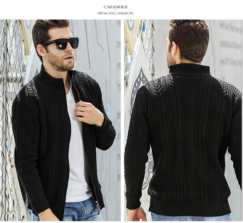 CARANFIER Velvet Zipper Brand Sweaters Men Knitted Cardigan Slim Fit Clothes Solid Ribbed Bottom Sweater Knitwear Coats 3XL