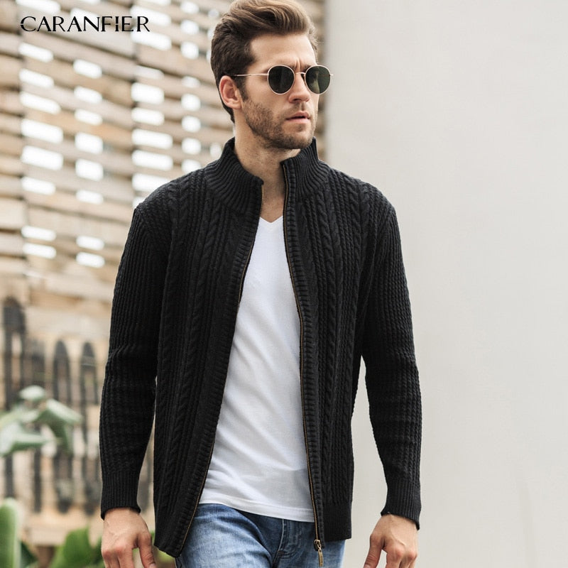 CARANFIER 2019 Brand Sweaters Men Knitted Cardigan Slim Fit VelvetZipper Clothes Solid Ribbed Bottom Sweater Knitwear Coats 3XL