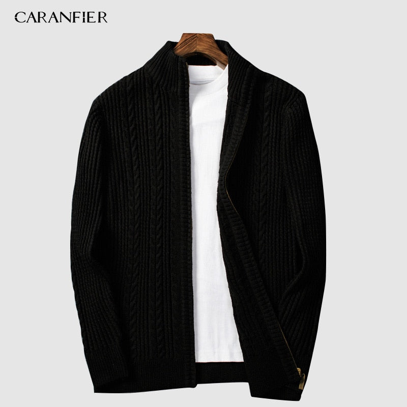 CARANFIER 2019 Brand Sweaters Men Knitted Cardigan Slim Fit VelvetZipper Clothes Solid Ribbed Bottom Sweater Knitwear Coats 3XL