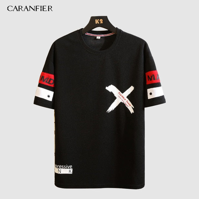 CARANFIER Men's T-Shirt Short Personality Letter Multicolor Casual Cotton Sports Loose Large Size O-Neck Summer  Breathable 2019