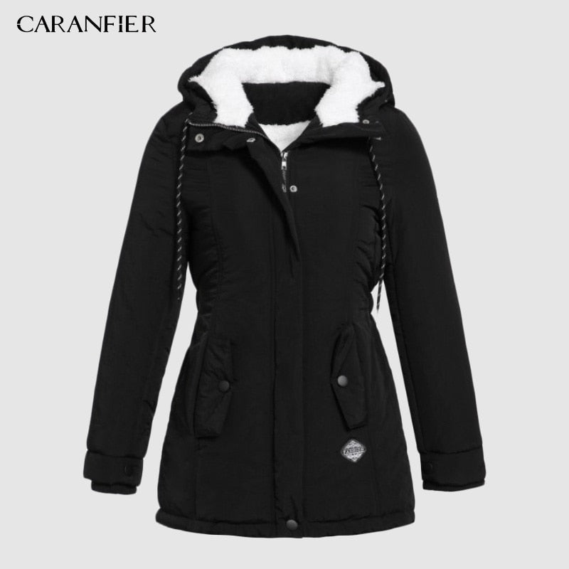 CARANFIER Black Cotton Coats Women Casual Hooded Jacket Coat Fashion Simple High Street Slim Winter Warm Thicken Tops Female