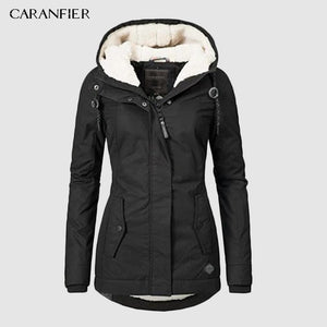 CARANFIER Black Cotton Coats Women Casual Hooded Jacket Coat Fashion Simple High Street Slim Winter Warm Thicken Tops Female