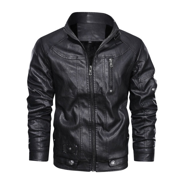 CARANFIER Fashion Winter Leather Jacket Men Stand Collar Motorcycle Washed Retro Velour Leather Jacket European Size Mens Coats