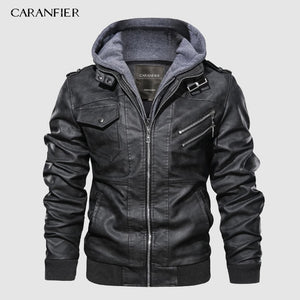 CARANFIER Mens PU Hooded Jackets Coats Motorcycle Biker Faux Leather Jacket Men Classic Winter Jackets Clothes  European Size