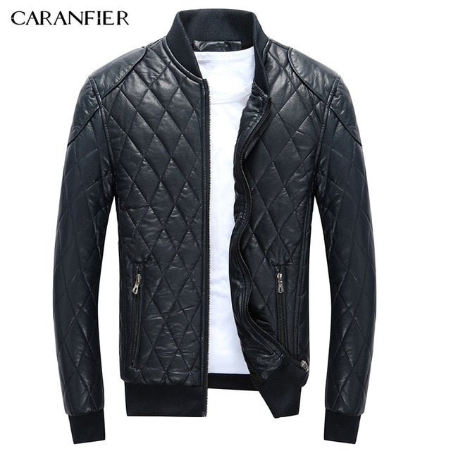 CARANFIER New Men High Quality Leather Jacket Plaid Male Fashion Warm Black Casual Businessmen Style Motorcycle Jacket Men