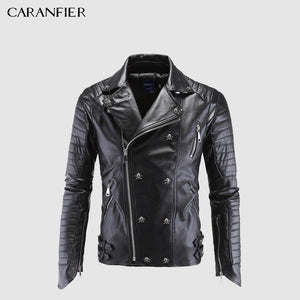 CARANFIER Leather Jacket Men Designer Skull Rivet Studded Punk Rock Black Biker Leather Motorcycle Jackets Men Plus Size M-5XL