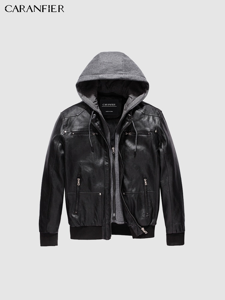 CARANFIER Mens Leather Jackets Winter Plus Velvet Thicken Cotton Hooded Outerwear Casual Solid Zipper Motorcycle Biker Overcoats