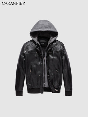 CARANFIER Mens Leather Jackets Winter Plus Velvet Thicken Cotton Hooded Outerwear Casual Solid Zipper Motorcycle Biker Overcoats