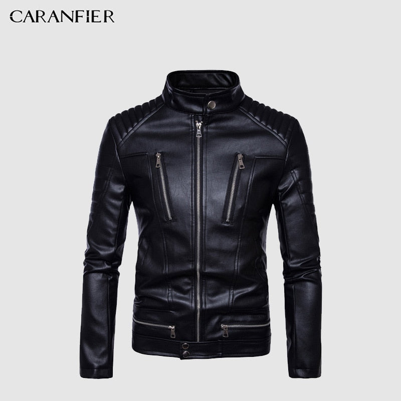 CARANFIER Autumn PU Leather Jacket Male Fashion More Zipper Slim Leather Clothing Men Casual Motorcycle Leather Jacket  M-5XL