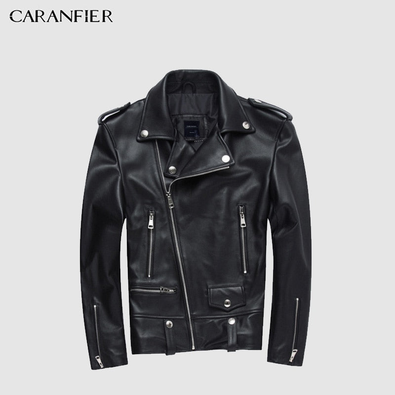 CARANFIER Hot Fashion Sheepskin Leather Men's Jackets Chic Slim Fit Zipper Motor&biker Jackets Coat Spring Autumn Leather Coats